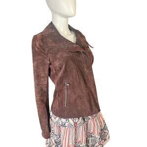 ECRU Chocolate Brown Genuine Suede Leather Draped Collar Jacket Size S